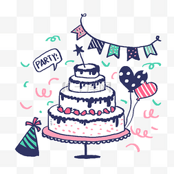 彩旗免抠PNG图片_手绘粉色系生日蛋糕和气球PNG免抠