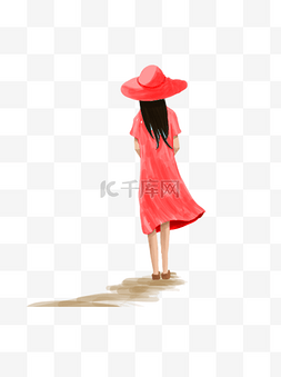 戴帽子穿红色裙子的少女卡通元素