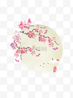 水墨桃花花图片_手绘桃花中国风水墨背景插画渲染