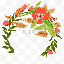红色植物花朵绿叶图片_半圆形植物花环插画