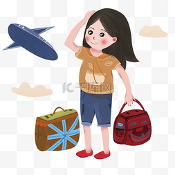 卡通包包插画图片_清新简约手绘女孩拿着包包坐飞机