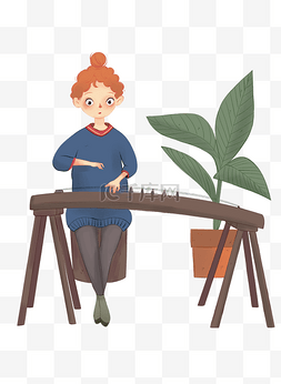 植物女孩插画素材图片_手绘可爱弹奏乐器人物插画