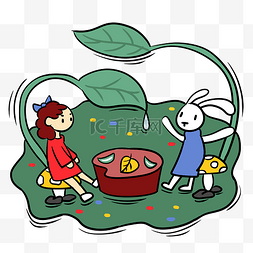 梦幻蘑菇森林图片_手绘卡通可爱梦幻童话小女孩和兔