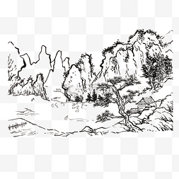 东方世纪图片_国画山水白描东方意境PNG