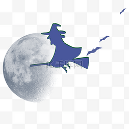 蓝灰色国潮图片_万圣节蓝灰色卡通女巫月亮蝙蝠