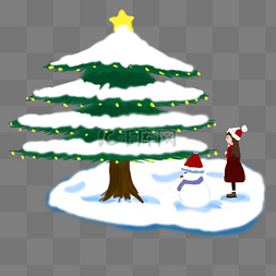 圣诞围巾插画图片_手绘风格灰色系树下的女孩和雪人
