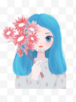 卡通彩绘图案图片_手拿花束的蓝发女孩元素设计