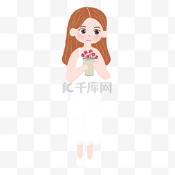 卡通手绘可爱的小女生插画图片_穿白色连衣裙抱着花的小女生