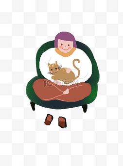 手绘椅子上的女生和宠物猫咪插画