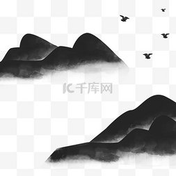 大雁矢量素材图片_黑白画波浪山峰大雁元素