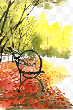 金黄满地图片_金色秋天的座椅水彩画PNG免抠素材