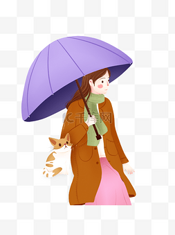 伞插画图片_彩绘撑着伞的女孩和猫可商用元素