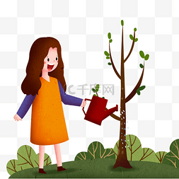 植树节浇树的小女孩插画