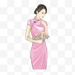 女人免扣PNG图图片_穿粉色旗袍拿着扇子的女人免扣图