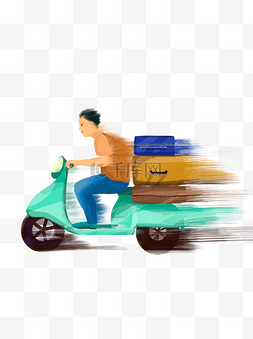 彩绘小清新素材图片_彩绘骑着电瓶车出行的少年人物设