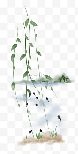 柳树中国风插画图片_手绘荷塘里的蝌蚪和柳树