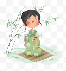 竹子下喝茶的日本女孩