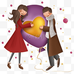 情人节可爱的情侣和紫色气球