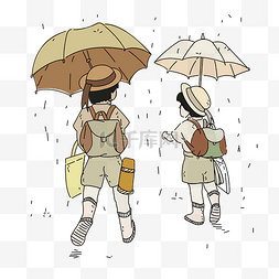 背着书包下雨撑伞的小孩