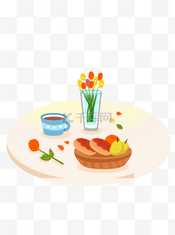 卡通桌子食物图片_卡通桌子上的鲜花和食物设计可商