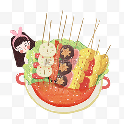 鱼烧豆腐图片_小女孩和好吃的麻辣烫串串免抠图