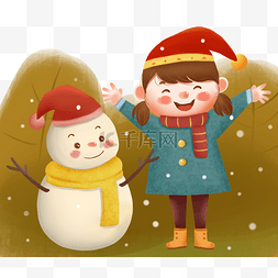 圣诞节插画女孩和雪人插画
