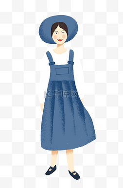 蓝色长裙戴帽子的女人