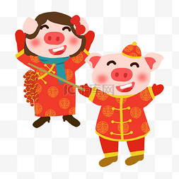 春节卡通手绘放鞭炮的情侣小猪