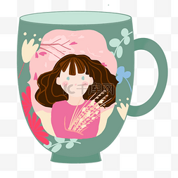 茶杯手绘绿色图片_少女人物可爱风茶杯水杯