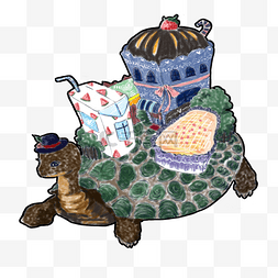卡通小蛋糕插画图片_卡通手绘乌龟背上的蛋糕店