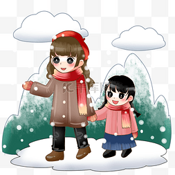 看雪的女孩图片_冬季一起散步赏雪