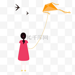 放风筝插画人物图片_春天放风筝的小女孩矢量插画元素