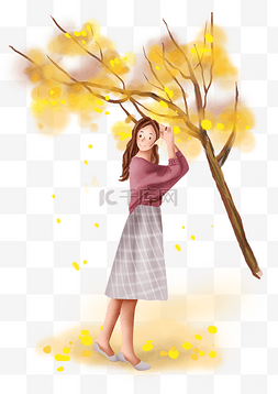 立秋黄色树下的女孩