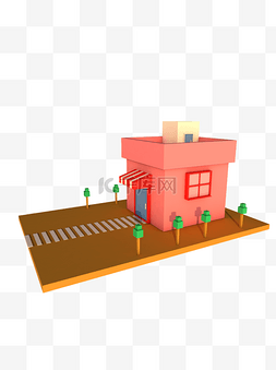 粉红色房子图片_C4D粉红色2.5d房子可商用元素