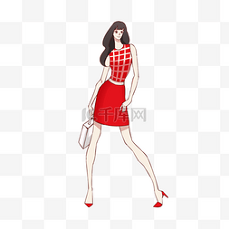 红色手绘少女图片_女生节时尚红色礼裙人物