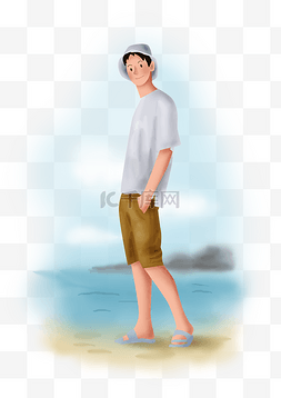 暑假手绘海边旅行男孩