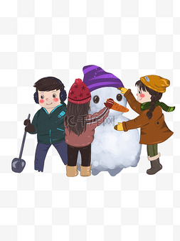 三个小孩图片_可爱堆雪人的三个小孩插画设计可