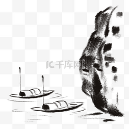 水墨水面停泊渔船插画