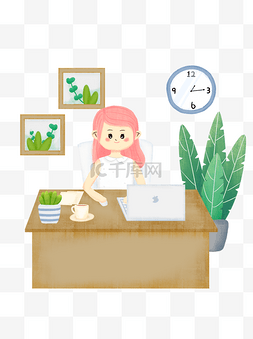 绿植办公图片_卡通手绘办公室电脑办公工作场景