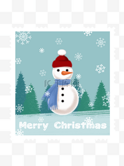 文艺雪花图片_手绘圣诞节邮票雪人雪花松树蓝绿