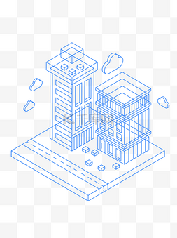 城市建筑矢量线条图片_矢量等距立体2.5D蓝色线性城市建