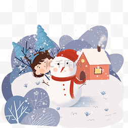 手绘雪地女孩图片_冬季雪地场景蓝色手绘插画雪地场