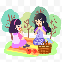 春季野餐的姐妹二人