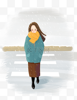下雪街道图片_冬季手绘保暖下雪女孩