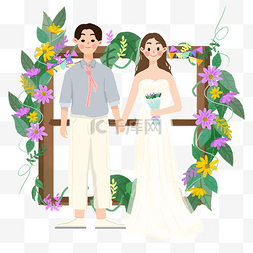 婚礼手绘花朵图片_小清新婚礼小人礼服PNG图