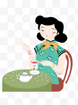 手绘穿旗袍的女人图片_卡通穿旗袍喝下午茶的人物设计元