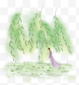 少女插图图片_春天中国风柳树下的古代少女