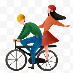 卡通骑自行车情侣图片_踏青骑自行车插画