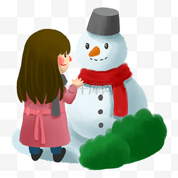 小女孩和雪人图片_冬季旅行人物和雪人插画