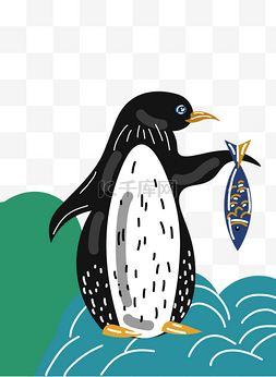 游戏免费下载按钮图片_可爱卡通拿着鱼的企鹅矢量图